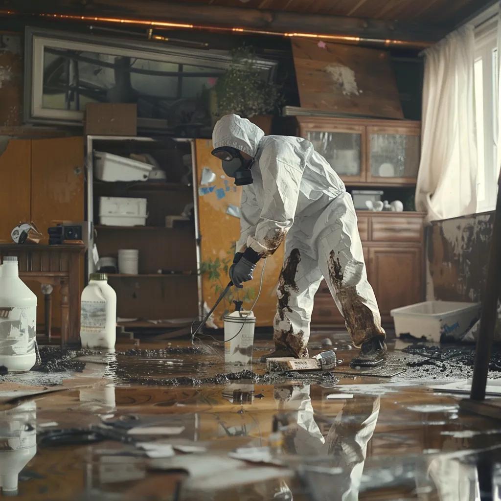 Technician applying disinfectant to prevent mold growth after flood damage